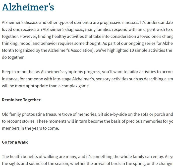 Blog Article: Activities for Loved Ones With Alzheimer’s